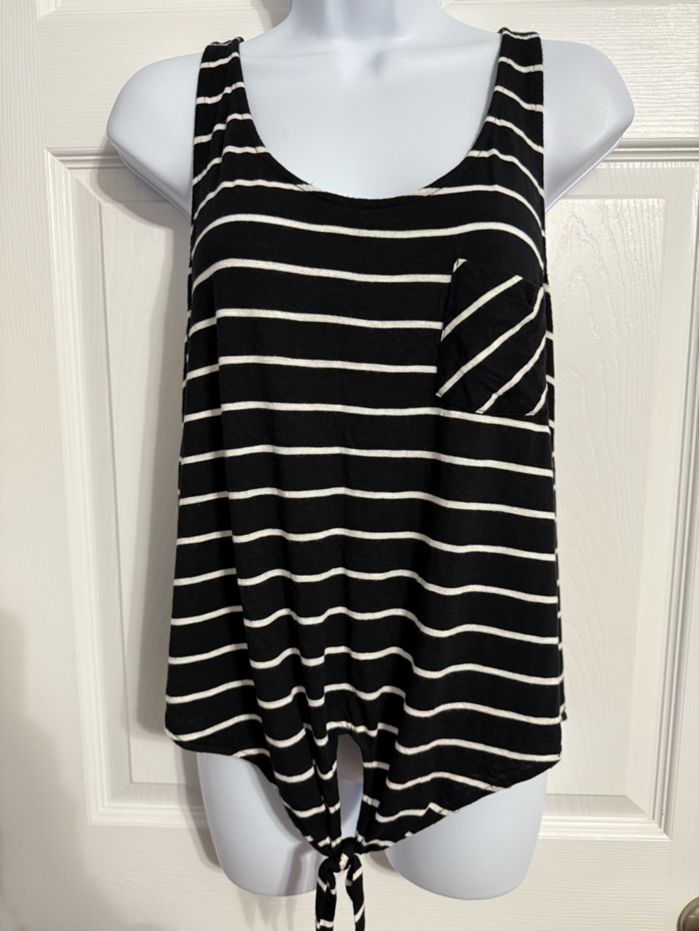 LOFT Black and White Striped Tie-Front Pocket Tank